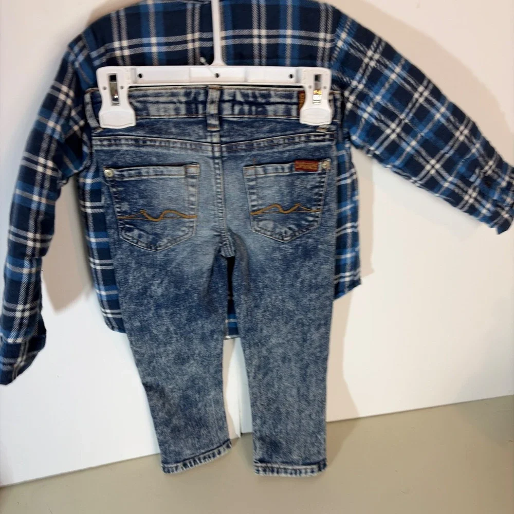 7 For All Mankind TODDLER 4T Blue Plaid Quilted Shacket Acid Wash Jeans‎ 2pc Set
